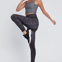 High Waist Reversible Leggings Black And White Houndstooth - Black Cheetah