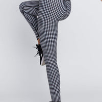 High Waist Reversible Leggings Black And White Houndstooth - Black Cheetah