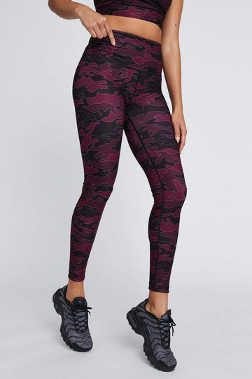 High Waist Reversible Leggings Burgundy Line Camo